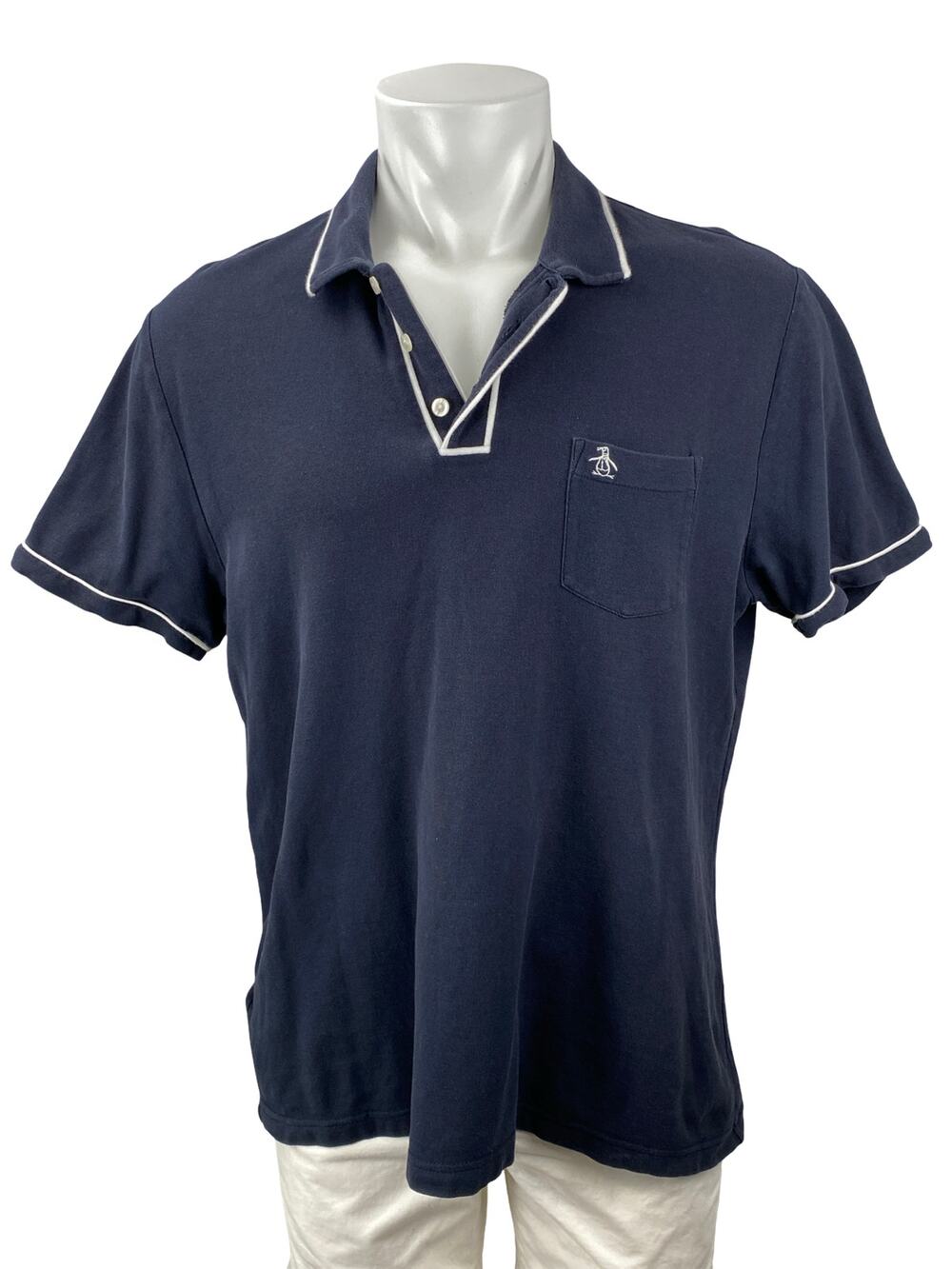 Penguin Men's Navy Blue Logo Golf Pocket Shorts Sleeve Polo Shirt Top Size XL